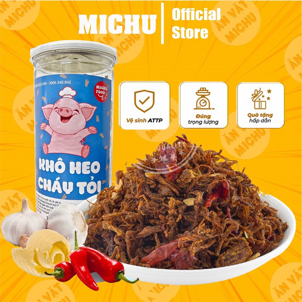Khô Heo Cháy Tỏi đồ ăn vặt loại 1 món ăn Khô Lợn cao cấp hũ 300g MICHU FOOD