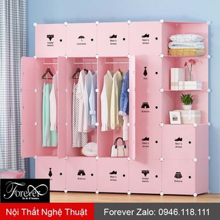 Tủ nhựa lắp ghép 25 ô (3 ô xéo) 147*183*47cm Decal quần áo màu hồng bảo hành 1 đổi 1 - Nội Thất Nghệ Thuật Forever