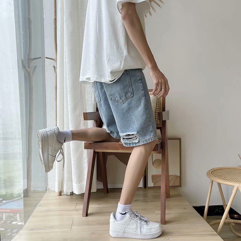 Quần tây nam 2021 xu hướng mới short denim lỗ ống suông thẳng rộng rãi thương hiệu trong năm điểm mùa hè phong cách Hồng