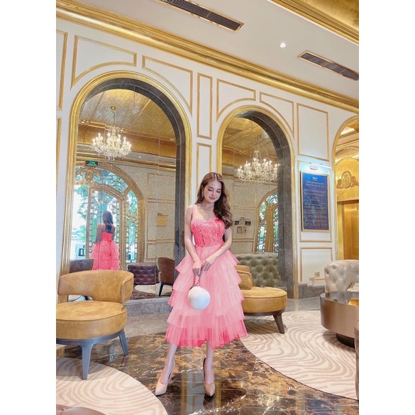 Đầm dự tiệc công chúa hai dây dún lưới kết đá pha lê TRIPBLE T DRESS - size M/L - MS352V