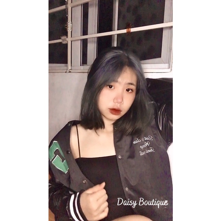 Áo Bomber Chữ G Xanh Chất Liệu Nỉ Cotton Phối Da 2 Tay Daisy Boutique