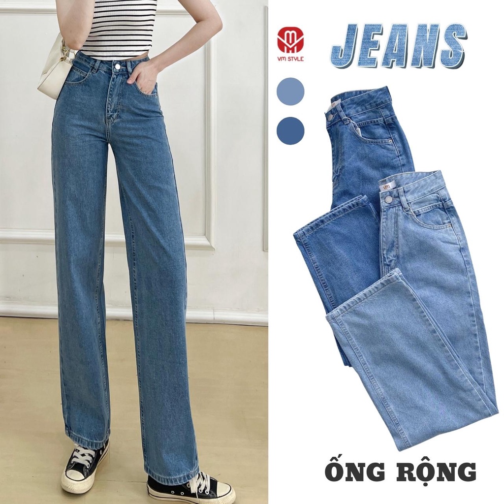 Quần jean nữ ống rộng VMSTYLE lưng cao trơn lai thường N110 - Đ111 22QJR05AS2702