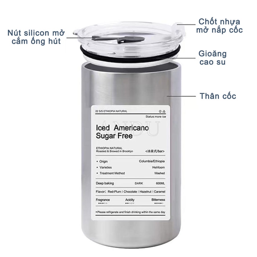 Cốc Giữ Nhiệt INOX Iced Americano Chống Rò Kèm Ống Hút, Dung Tích 0,6L Giữ Nhiệt 6-8 Tiếng