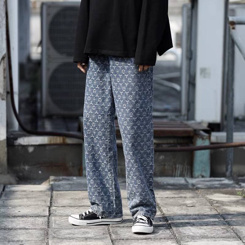 Quần jeans nam cạp cao ống rộng bigsize MALTRIK in họa tiết LV phong cách Hàn Quốc Size lớn đến 90kg