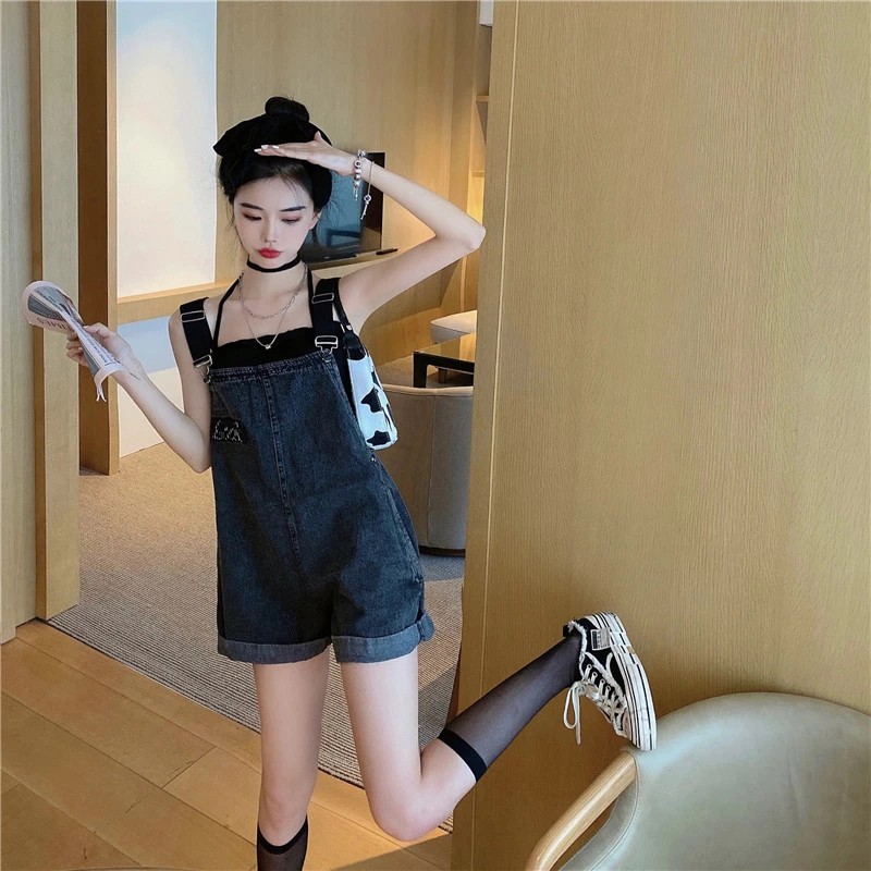 (Order_ảnh thật) Quần yếm short jeans bò đen dáng jumsuit siêu xinh xắn đáng yêu