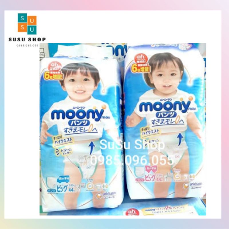 Bỉm Moony Xanh Cộng Miếng Nội Địa Nhật Dán/Quần đủ size NB90+6/S84+6/M64+4/M58+6/L54+4/L44+6/XL38+6