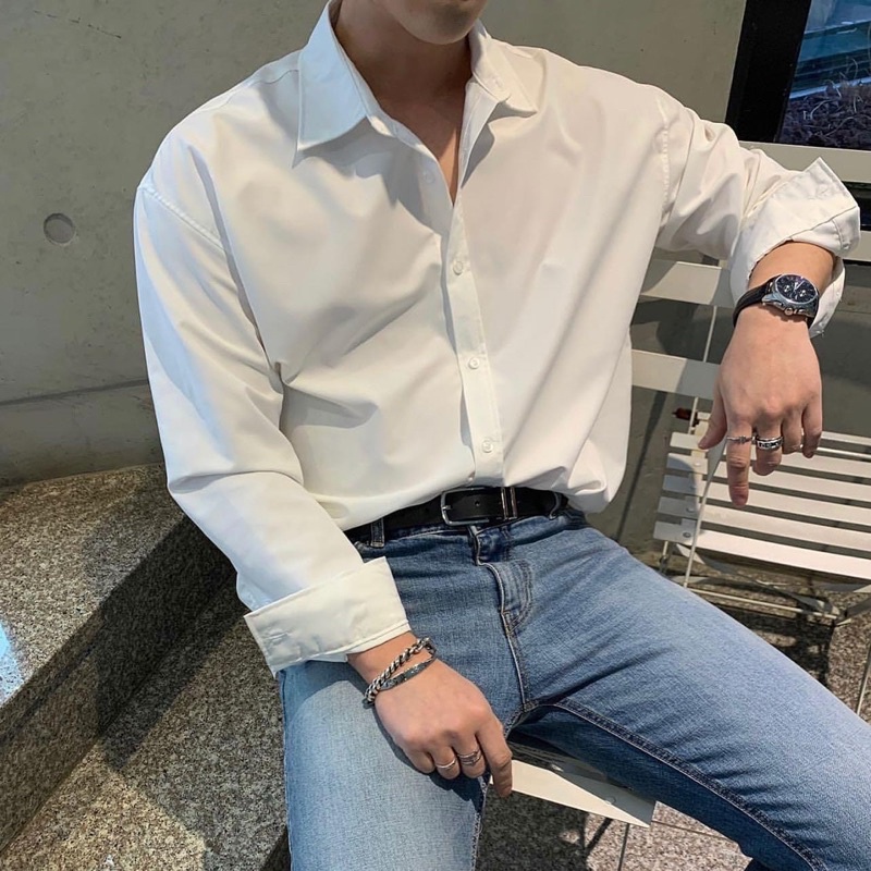 Áo sơmi tay dài trơn,chất lụa mịn mát form rộng