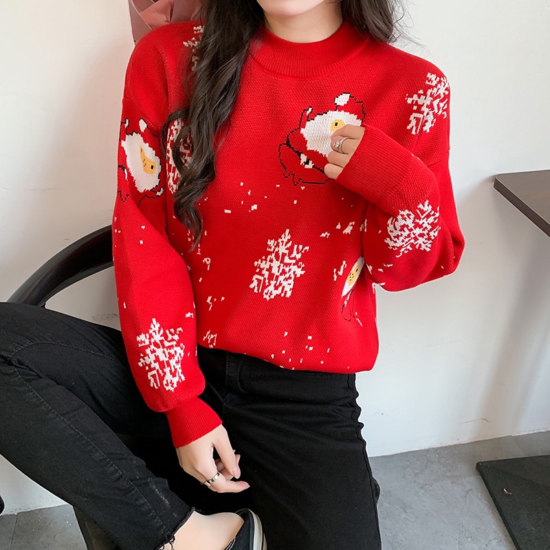 Áo sweater IELGY tay dài cổ tròn in họa tiết giáng sinh màu đỏ/ đen thời trang dành cho nữ