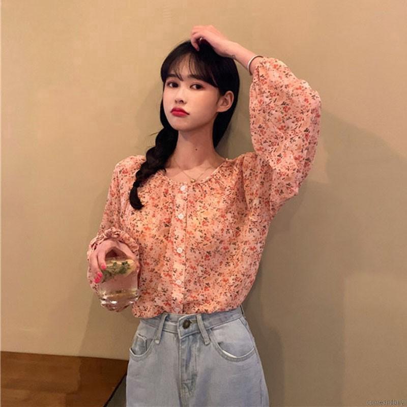 Áo Sơ Mi Chiffon In Hoa Kiểu Hàn Quốc Thiết Kế Ngọt Ngào Cho Nữ