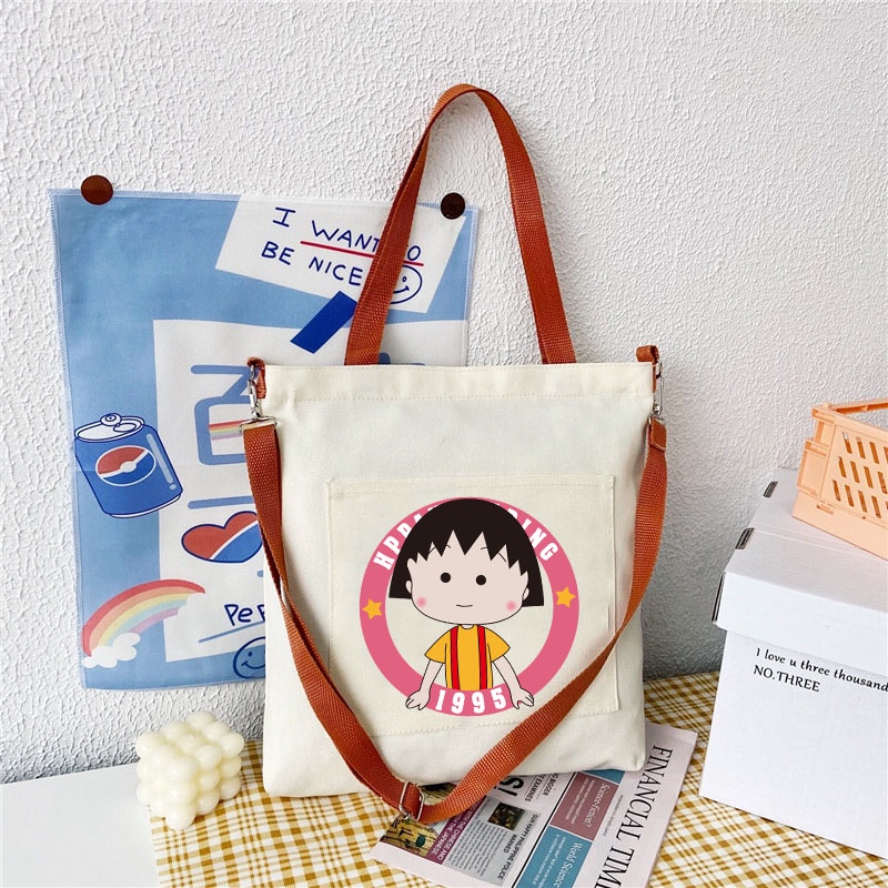Chibi Túi Đeo Chéo Vải canvas Có Khóa Kéo Họa Tiết Hoạt Hình maruko Dễ Thương