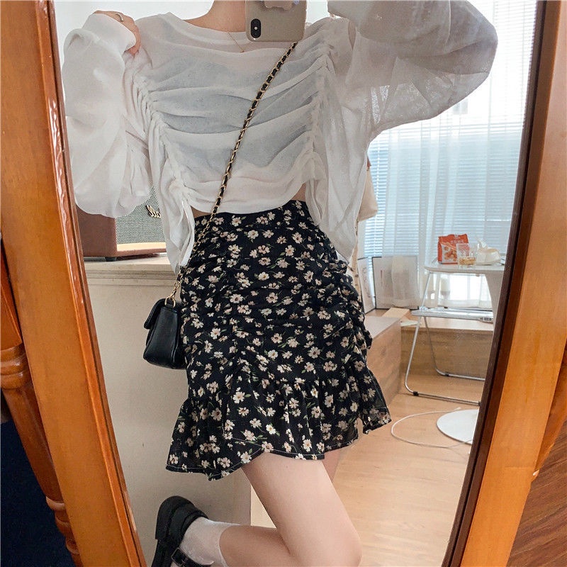 Chân Váy Chữ a Lưng Cao Họa Tiết Hoa Xinh Xắn Theo Phong Cách Hàn Quốc