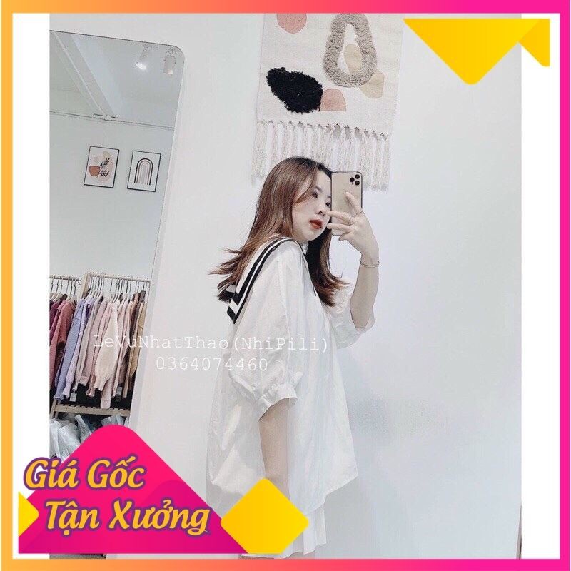 Áo sơ mi thủy thủ tay lỡ viền cổ form rộng unisex thời trang hàn quốc