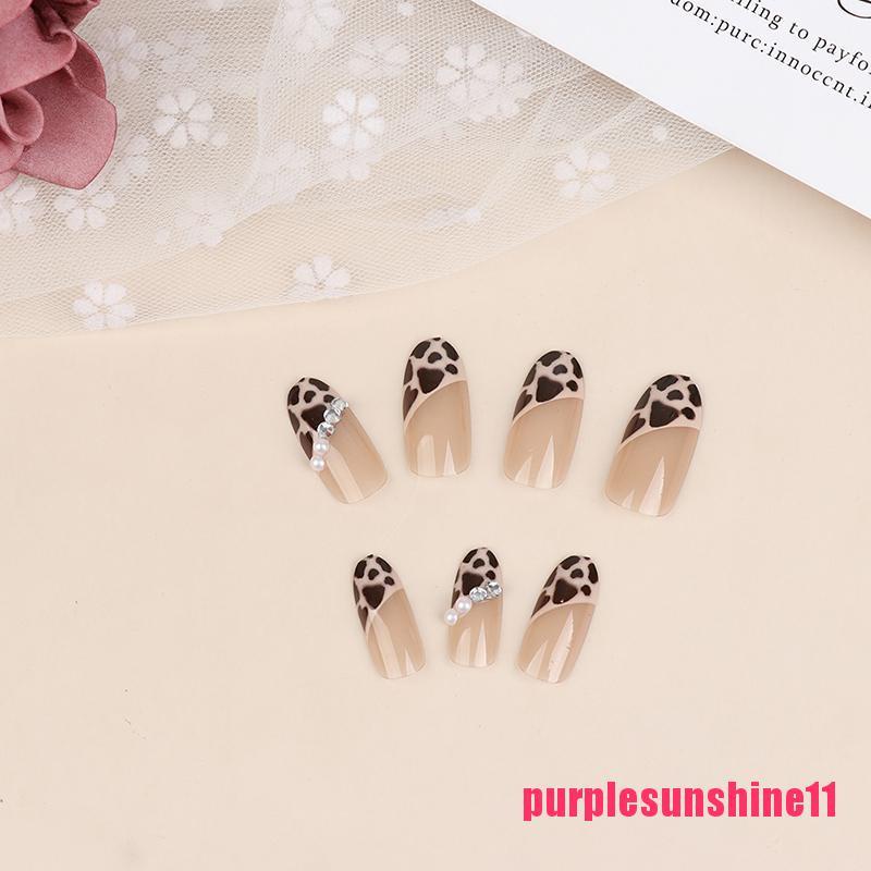 24X Leopard Pearl French Nails Art Tips Fake Nail Press On Full Cover Arti