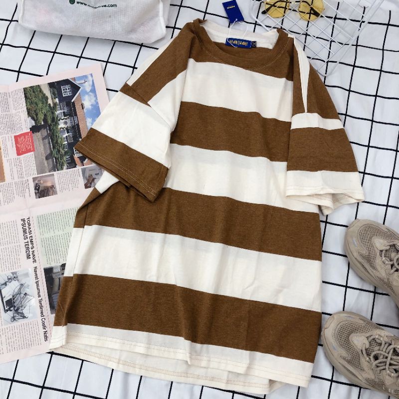 Áo tay lỡ kẻ trắng nâu 100% cotton unisex - ẢNH THẬT