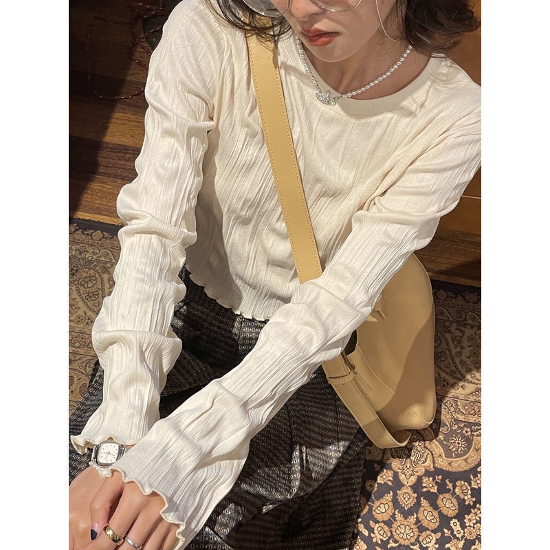 Áo thun tay dài cổ tròn màu sắc đơn giản phong cách retro