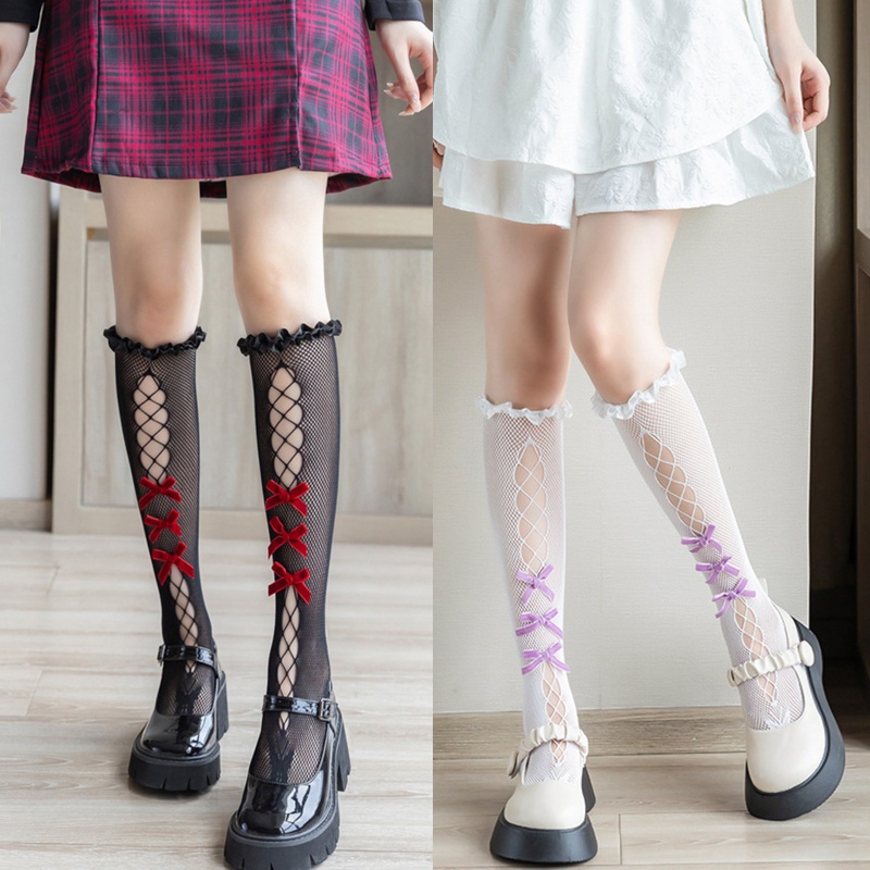 Xixi Tất Lưới Dài Qua Gối Phối Nơ Phong Cách Gothic Ngọt Ngào Cho Nữ