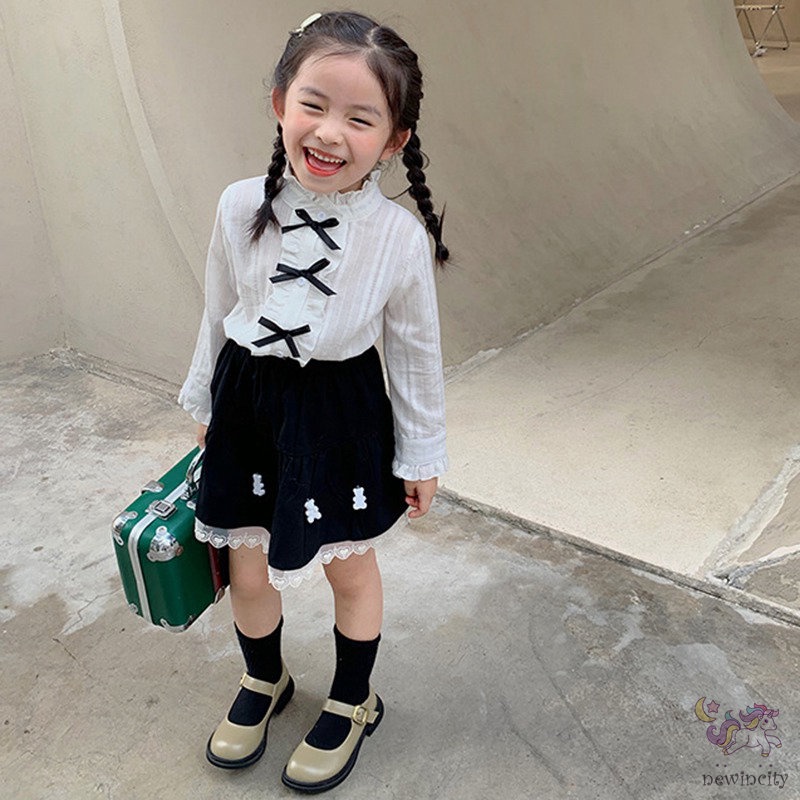 Bộ áo dài tay + chân váy phối ren thời trang cho bé gái