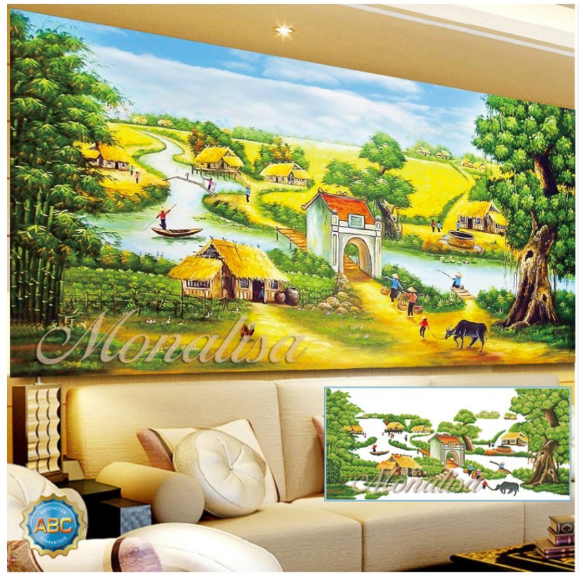 Tranh Đính Đá LÀNG QUÊ THANH BÌNH (ĐÁ AB CAO CẤP). Kích Thước: 90cm x 53cm - 1m20 x 60cm