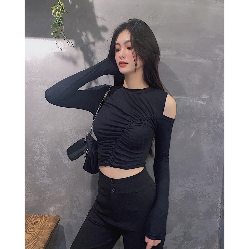 Áo croptop nữ tay dài HHVINTAGE kiểu khoét vai, nhún ngực, thun co giãn TOP A58