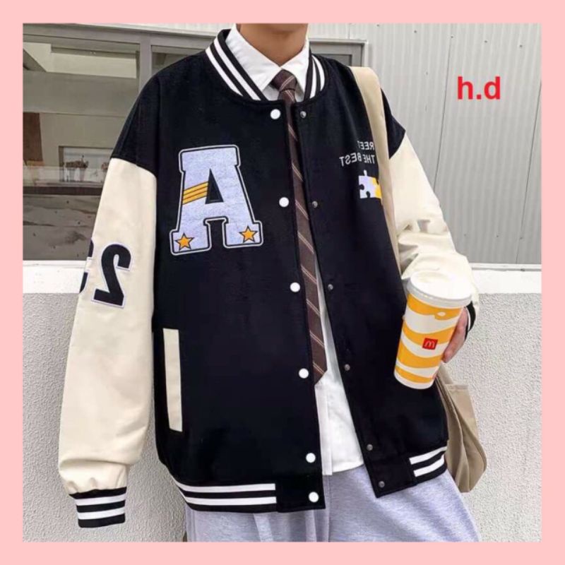 Áo Khoác Bomber A SAO cúc bấm nam nữJacket Unisex Chất nỉ vs gió Form &lt;55kgÁo Bóng Chày Phong cách Thể thao
