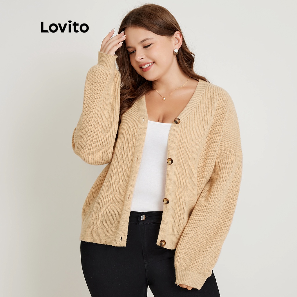 Áo len đan Lovito bigsize curve Nút trơn có độ đàn hồi cao Bình thường LPS02062 (Kaki)