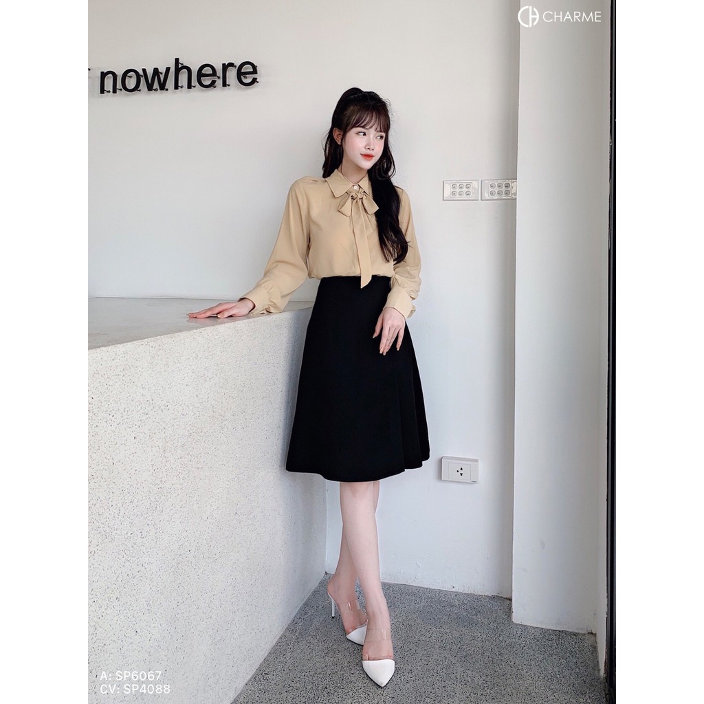 Áo sơ mi nữ trơn dài tay phối cổ nơ tiểu thư thiết kế Charme 6067