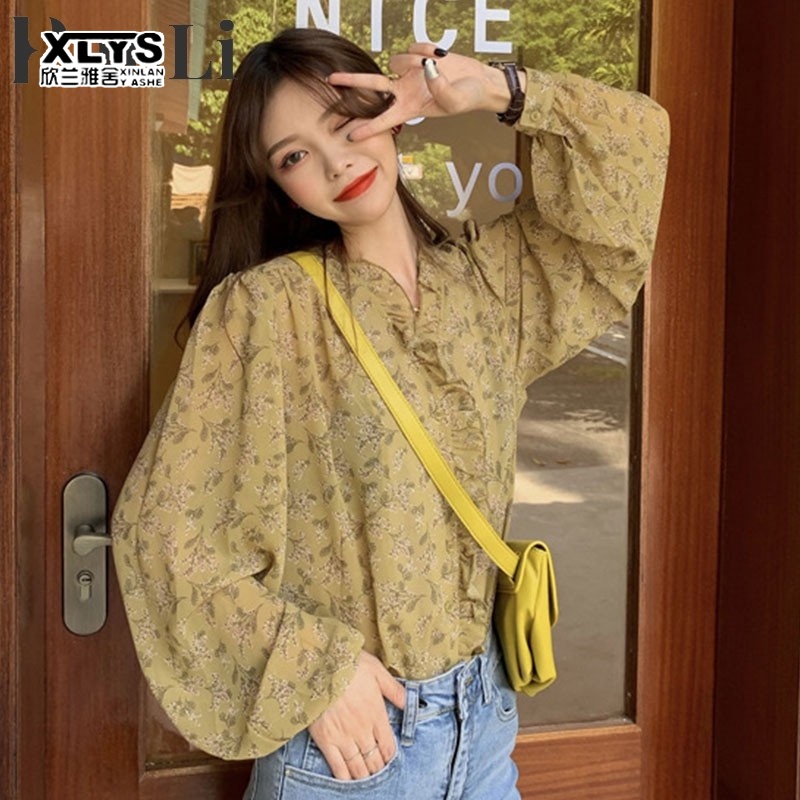 Áo sơ mi kiểu XINLANYASHE chiffon tay dài phồng họa tiết hoa dễ phối đồ phong cách Hàn Quốc Hawaii đáng yêu cho nữ