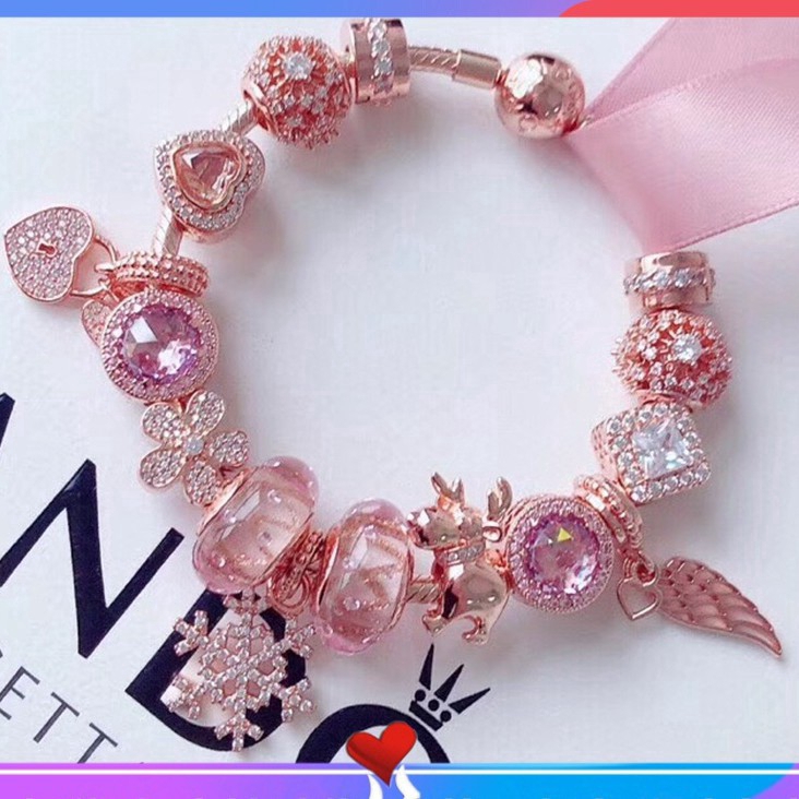 Vòng Tay Pandora Chính Hãng 100% Màu Vàng Hồng Cánh Thiên Thần Tình Yêu Khóa Trái Tim Màu Tím Sáng Bóng Thích Hợp Làm Quà Sinh Nhật Cho Nữ