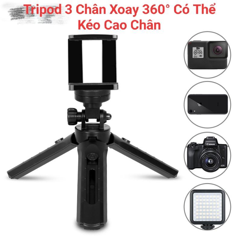 Tripod Kiêm Chân Đế Chụp Ảnh Xoay 360° Đỡ Điện Thoại, Máy Ảnh, Có Thể Kéo Dài Phần Chân Tripod