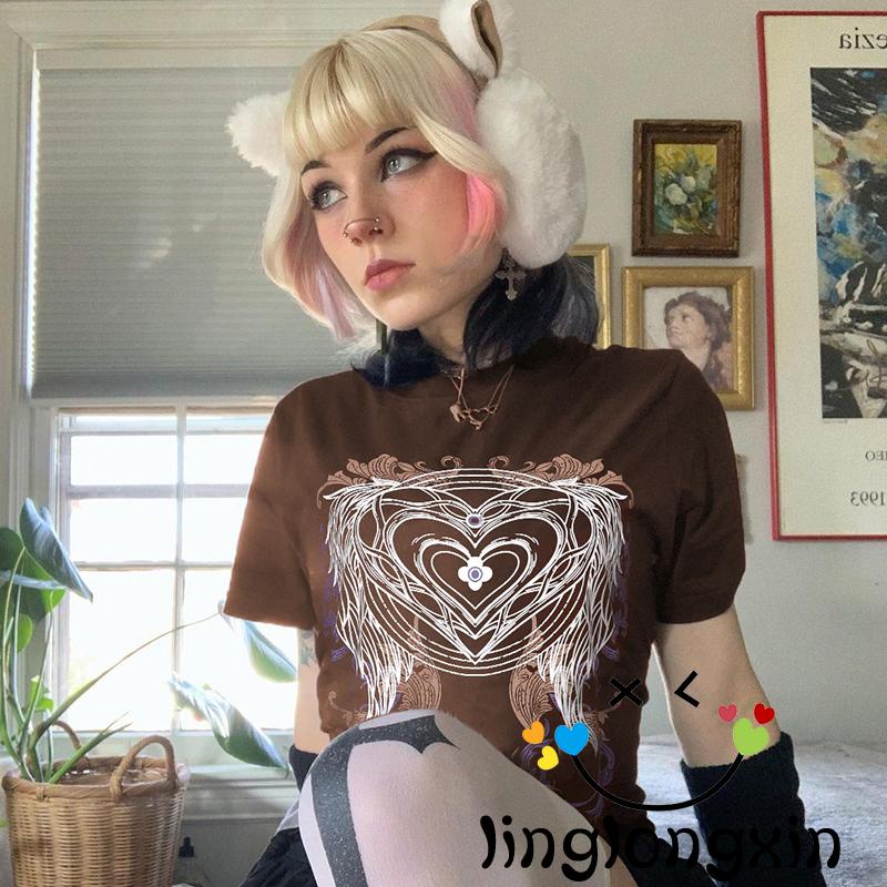 WUVintage Brown Graphic Print Oversized T-Shirt E-girl Gothic Punk Hip Hop Pullovers Tees Y2K Retro Harajuku