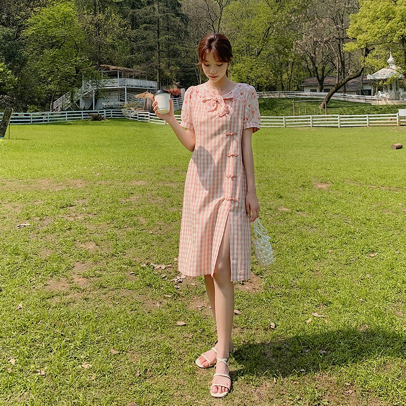 Real Shot Spot Plaid Floral Chiffon Dress Women Can Be Sweet and Salt Temperament Age Reduction Small Modified Cheongsam a Skirt Button Split Bow Pink S M L XL