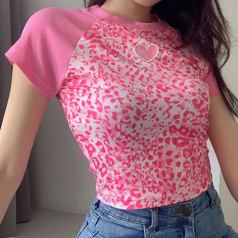 Áo Thun Croptop Tay Ngắn Thêu Họa Tiết Da Báo Thời Trang Mùa Hè Cho Nữ