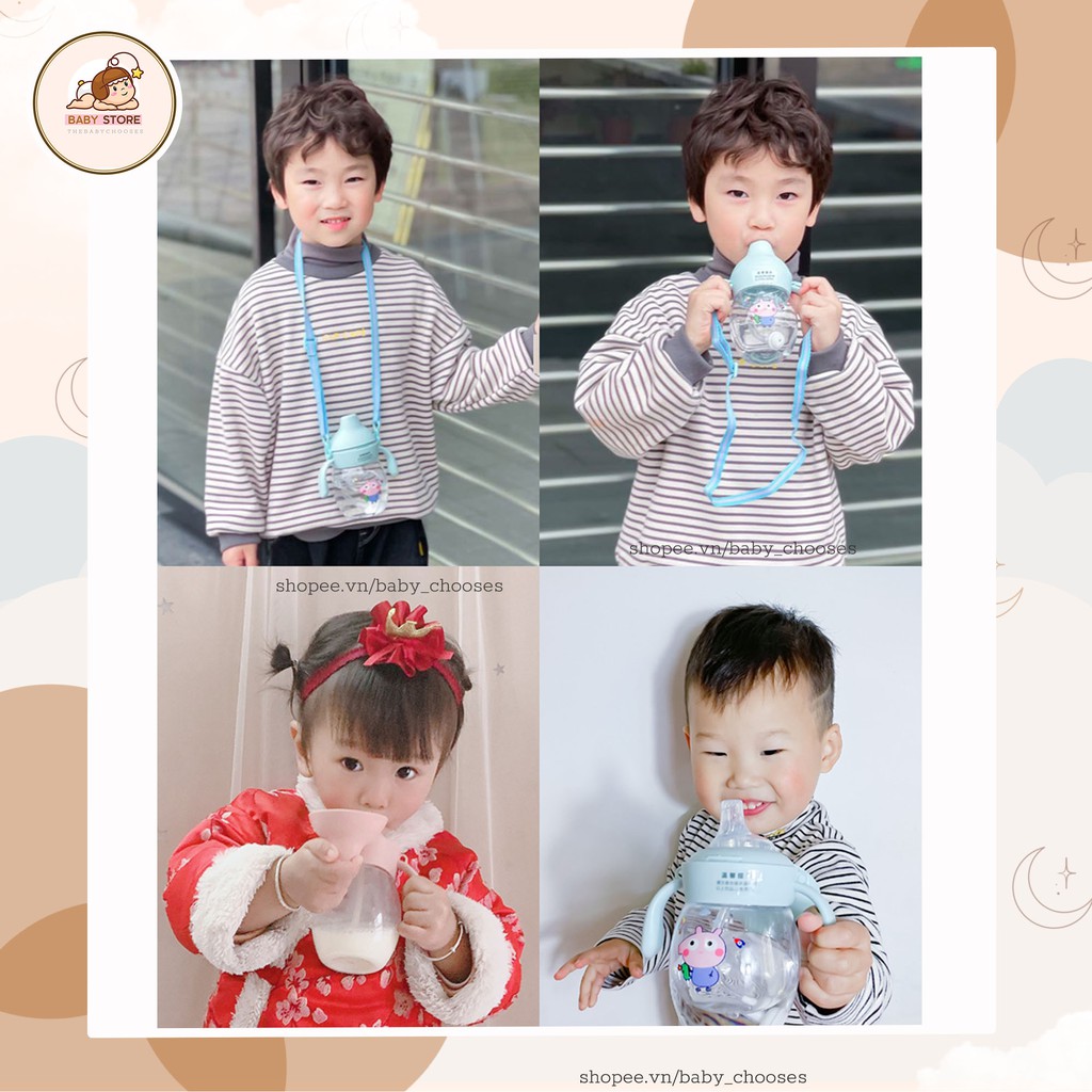 Bình tập uống nước tập uống baby chooses có tay cầm dây đeo cho bé núm ti silicon chống sặc 280ml