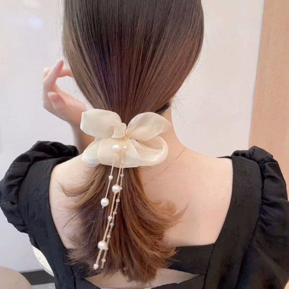 QQMALL Dây Cột Tóc Đuôi Ngựa Co Giãn Đính Bóng Lông Tua Rua Thanh Lịch Cho Nữ