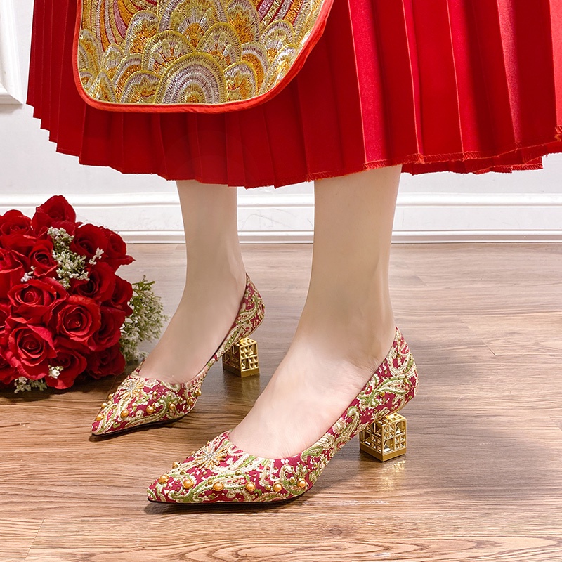 Giày Cao Gót Mũi Nhọn Đính Pha Lê Phong Cách Trung Hoa Cho Nữ