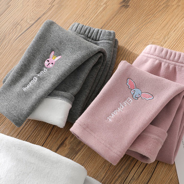 Quần legging cho bé gái nỉ lót lông mặc thu đông, co dãn, mềm mịn dễ thương size đại 6-40kg - Thêu Thú