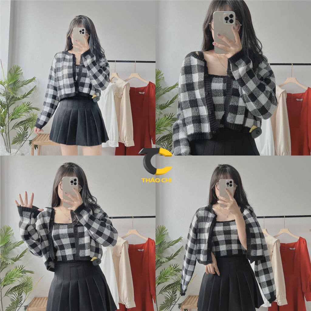 Áo khoác cardigan len kẻ caro kèm áo 2 dây mix đồ cực xinh | BigBuy360 - bigbuy360.vn