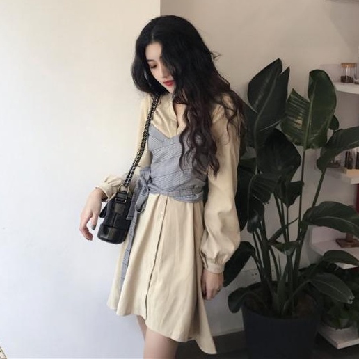 Đầm Tay Dài Giả Hai Mảnh Thắt Dây Eo Họa Tiết Kẻ Ô Vuông Thời Trang 2022 Mới Dành Cho Bạn Nữ