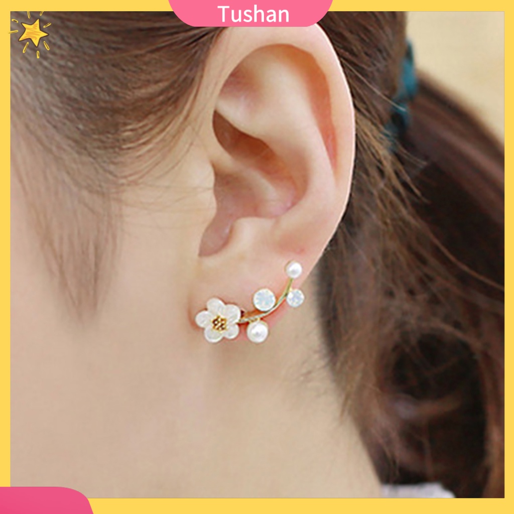 Cặp khuyên tai hình hoa đính đá và ngọc trai giả trang nhã cho nữ