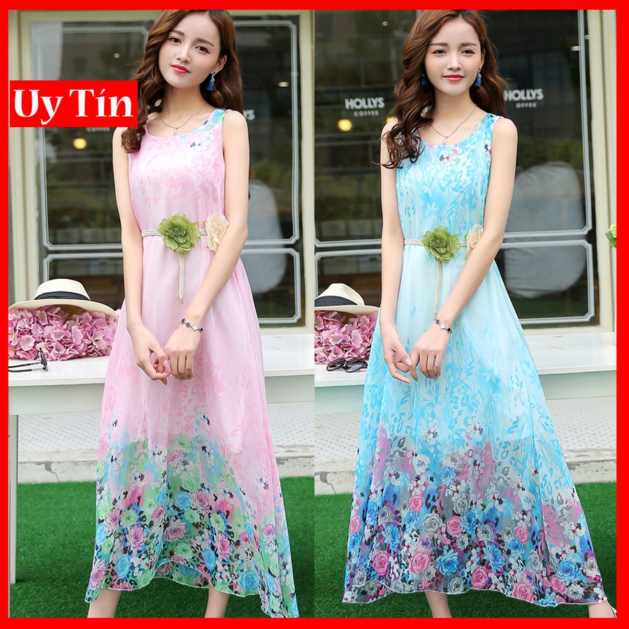Đầm maxi voan  kèm dây thắt lưng hoa DX03 - Đầm suông maxi đi biển, đi dạo phố | BigBuy360 - bigbuy360.vn