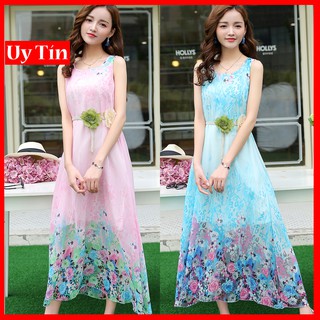 Đầm maxi voan  kèm dây thắt lưng hoa DX03 - Đầm suông maxi đi biển, đi dạo phố vayxinhdibien2019