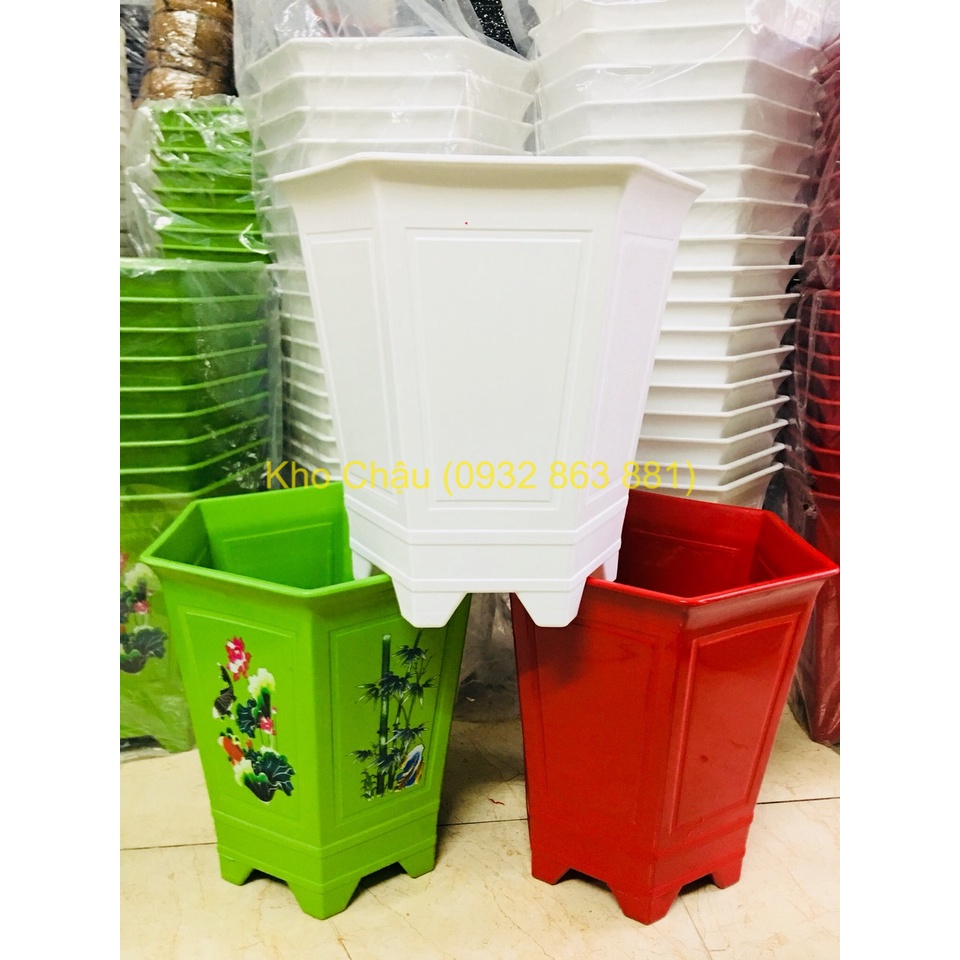 Combo 2 Chậu Nhựa Lục Giác Dáng Cao, Chân Cao Thoát Nước Tốt (kt: 35x35x24)