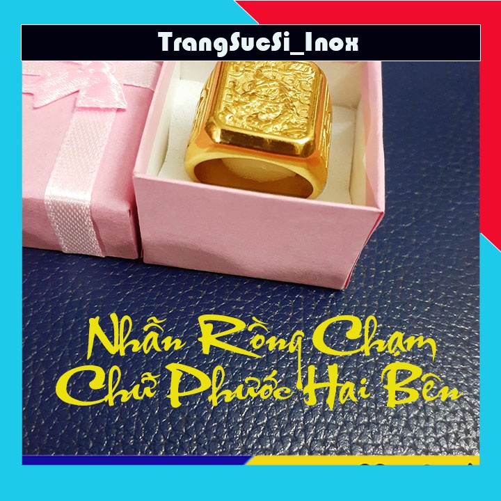 Sỉ nhẫn titan chạm rồng khắc chữ phước 2 bên chất liệu inox mạ vàng sáng đẹp, không đen - Tặng hộp đựng xinh xắn