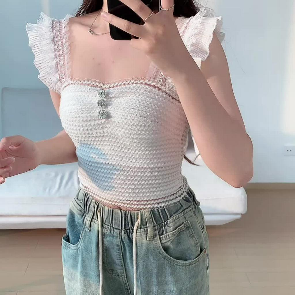 Lalisas Áo Hai Dây Ngắn Mỏng Viền Ren Ngọt Ngào Cho Nữ