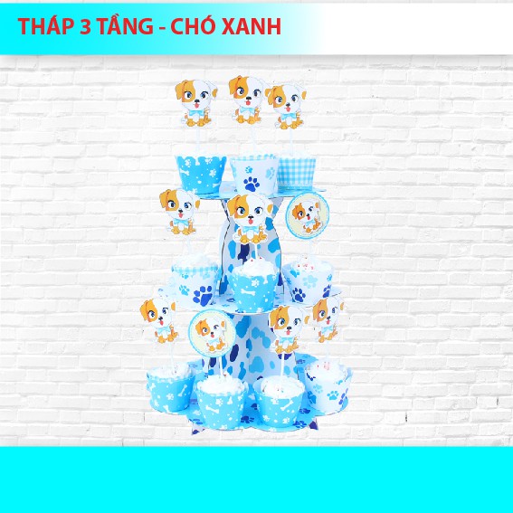 THÁP 3 TẦNG ĐỂ BÁNH CUPCAKE CHÓ XANH
