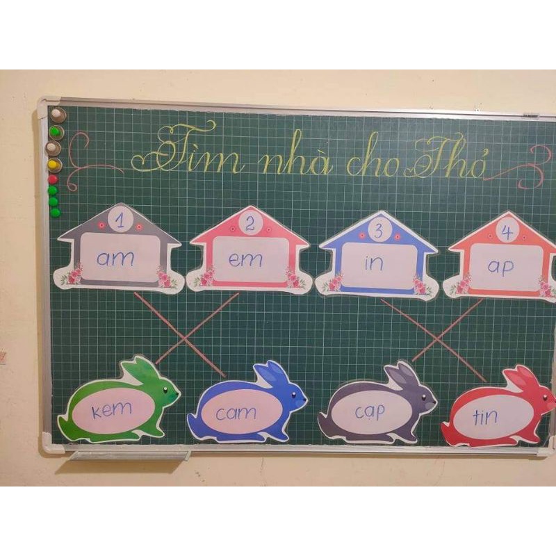 Bộ trò chơi tìm nhà cho thỏ ( 1 cặp gồm 1 nhà+1 thỏ) ép plastic sẵn nam châm gắn bảng từ