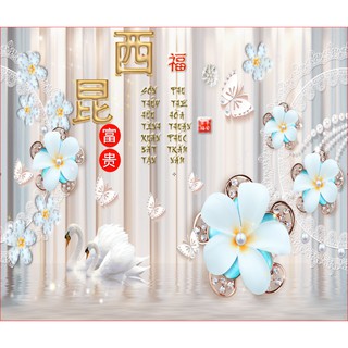 Tranh dán tường 3d hiện đại trang trí phòng đôi thiên nga chữ vàng trang sức (tích hợp sẵn keo) 167cm x 197cm