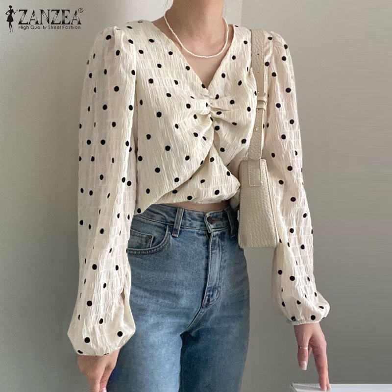 Áo ZANZEA tay dài cổ chữ V họa tiết chấm bi xinh xắn cho nữ