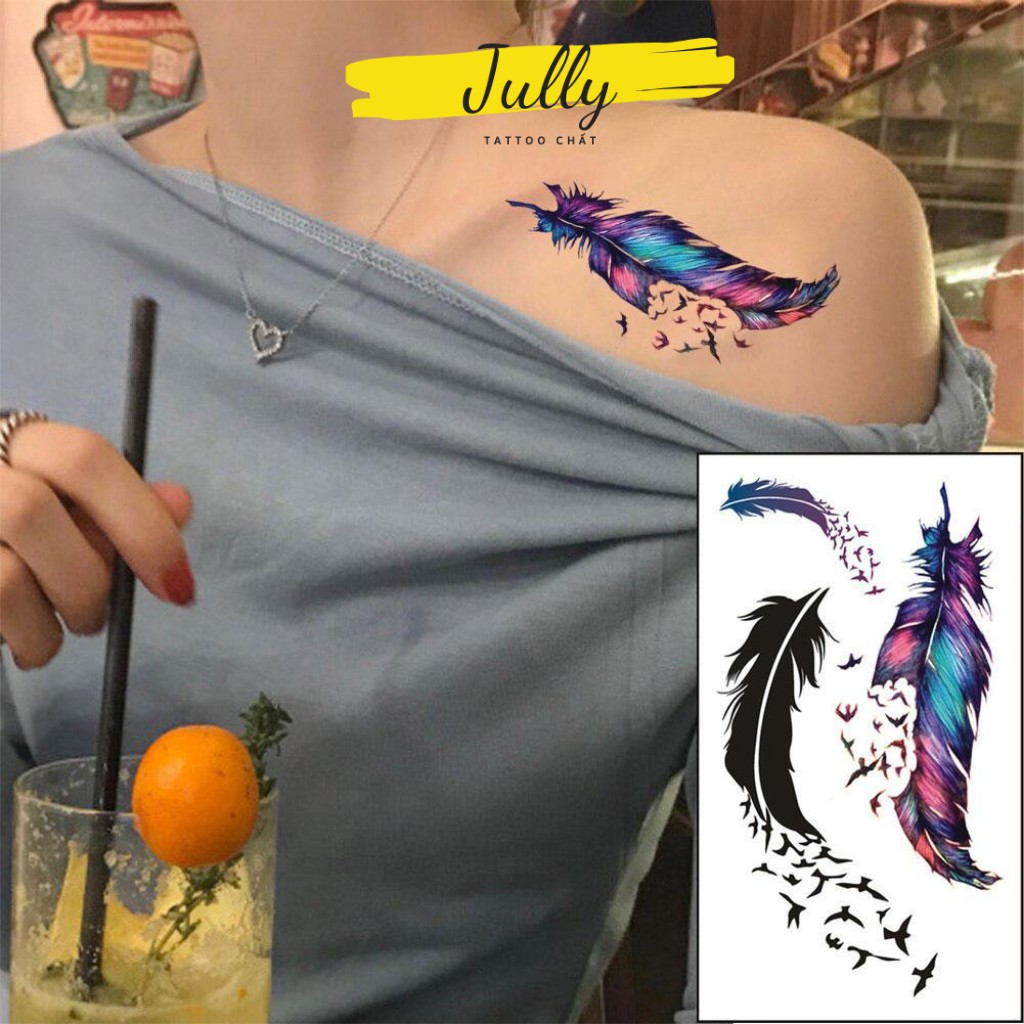 Hình xăm dán lông vũ mini JULLY Tattoo chất, xăm tạm thời cho cả nam và nữ, tặng ...