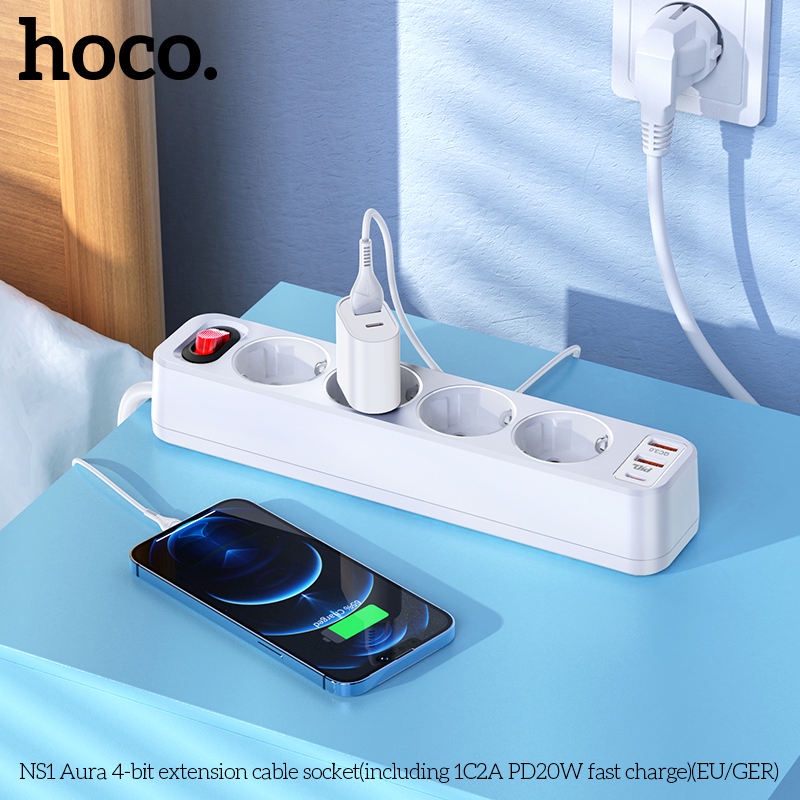 Ổ cắm điện thông minh HOCO NS1 hỗ trợ 2 USB quick charge và 1 typeC PD 20W - công suất tải đến 4000W (nhiều màu)